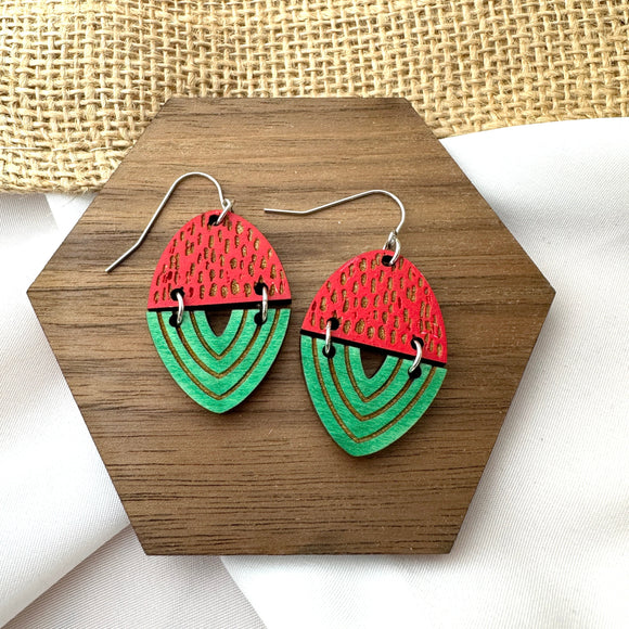 Hand Painted Abstract 2 Part Watermelon Drop Wood Earrings