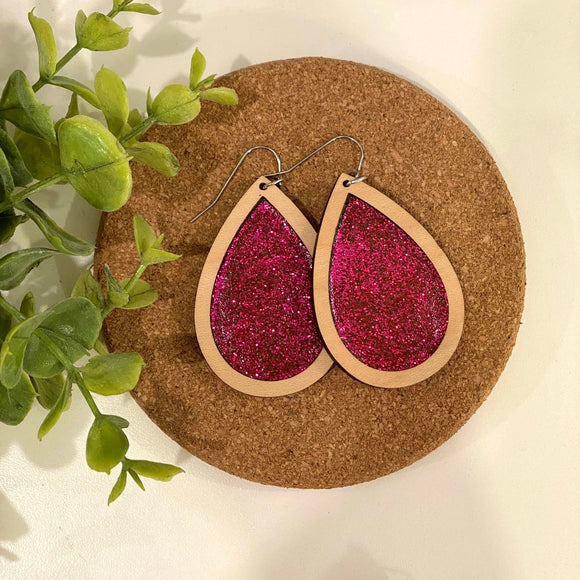 Deep Pink Glitter Filled Maple Wood Drops
