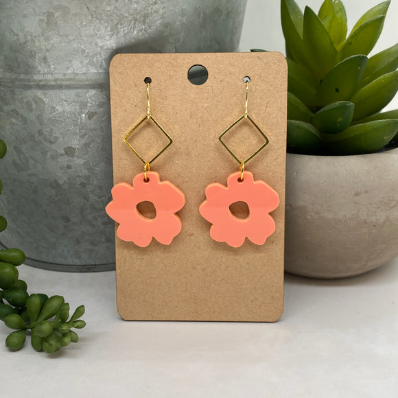 Gold Metal Diamond and Coral Acrylic Flower Drop