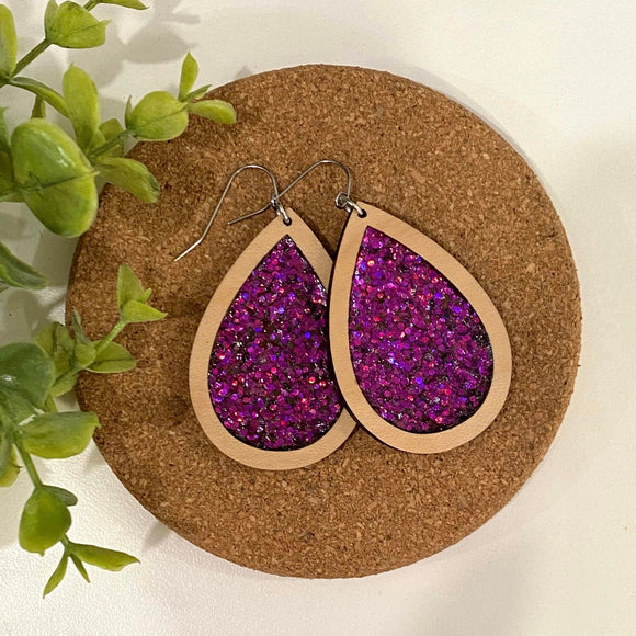 Holographic Deep Pink Glitter Filled Maple Wood Drops
