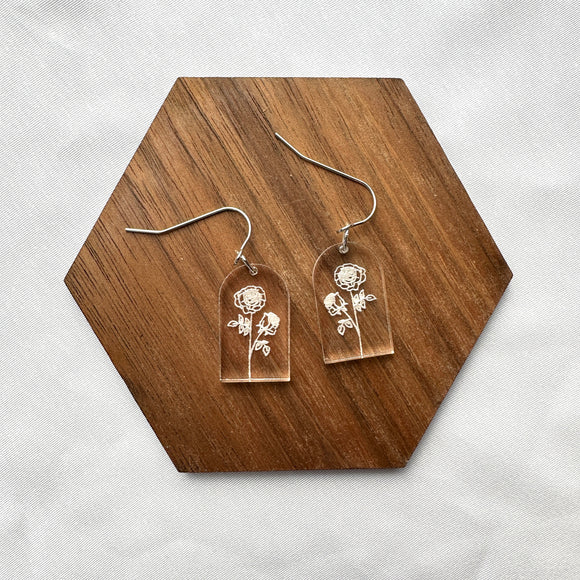 Birth Month Flower Clear Acrylic Drop Earrings, 12 Styles - Wholesale