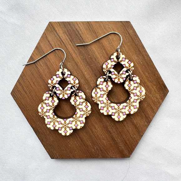 Pattern Scalloped 2 Part Hand Painted Wood Drop Earrings