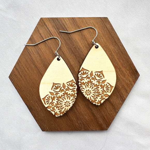 Round Engraved Mandala Wood Drop Earrings - Wholesale