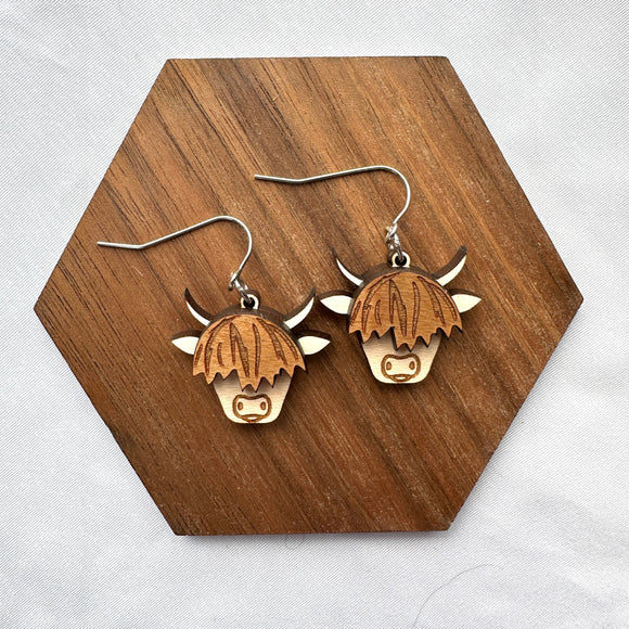 Highland Cow Layered Wood Drop Earrings
