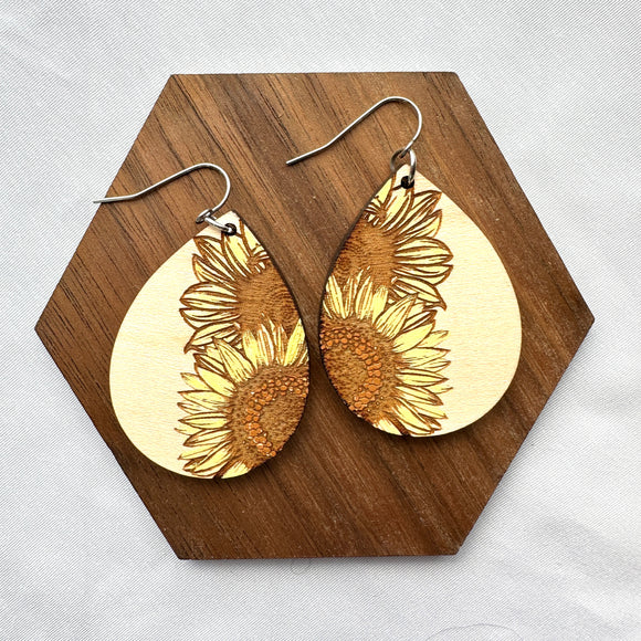 Double Sunflower Hand Painted Wood Drop Earrings - Wholesale