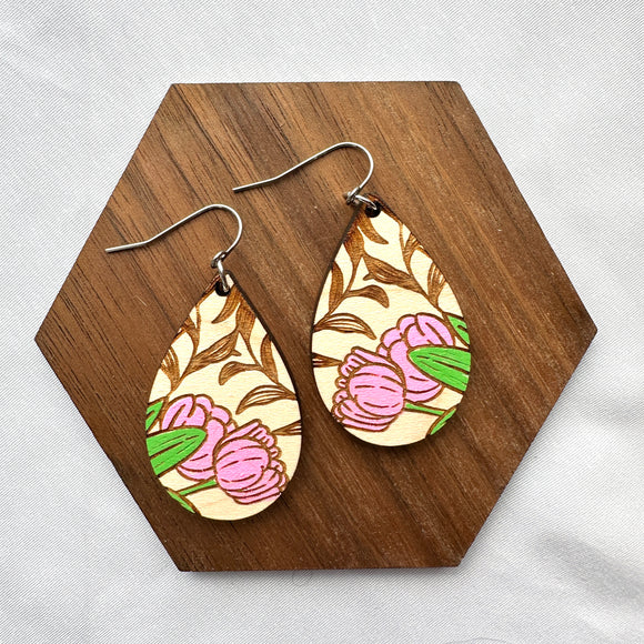 Tulip Floral Hand Painted Wood Drop Earrings - Wholesale
