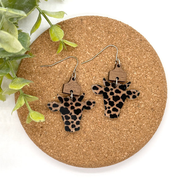 Walnut Cow Tag and Clear Cow Print Acrylic Drops - Wholesale