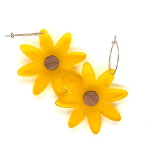 2 Layer Yellow Acrylic Flower with Walnut Center and Surgical Steel Hoops