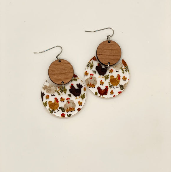 Chickens and Wood Circle Drops - Wholesale