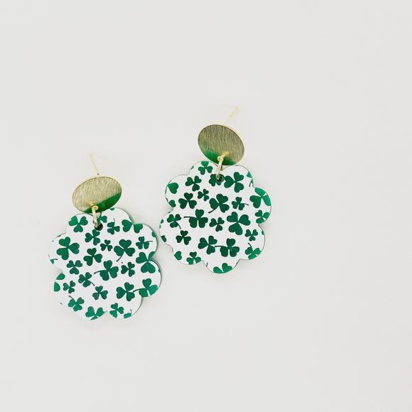 Gold Circle Stud with Clover Green and White Acrylic Drops