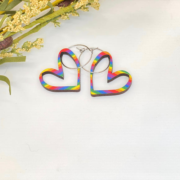 Rainbow Stripe Heart Drops with Surgical Steel Hoops