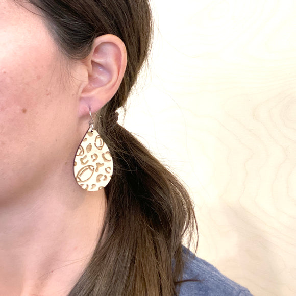 Relaxed Football and Leopard Print Drop Earrings Maple Wood
