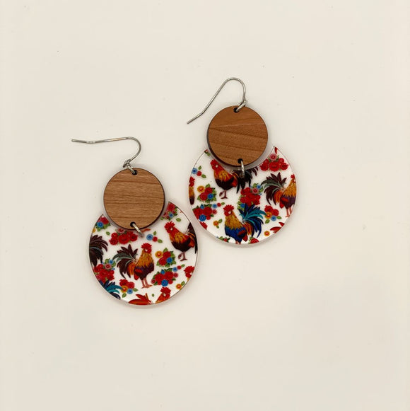 Roosters and Wood Circle Drops