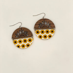 Sunflower and Wood Half Circle Drops