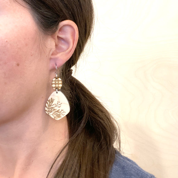 Tartan 2 Part Pine Needle Drop Earrings Maple Wood