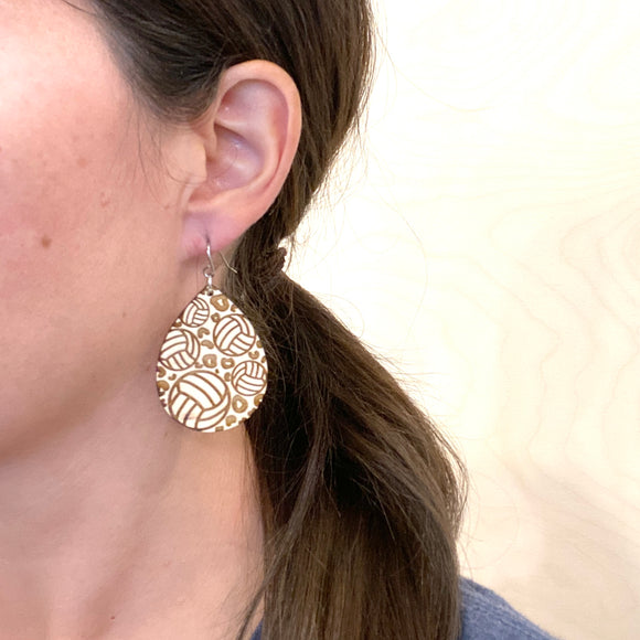 Volleyball Leopard Print Drop Earrings Maple Wood