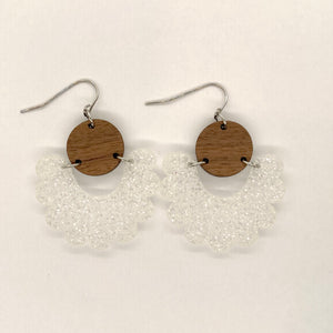 Walnut Circle and White Glitter Acrylic Full Scallop Drops