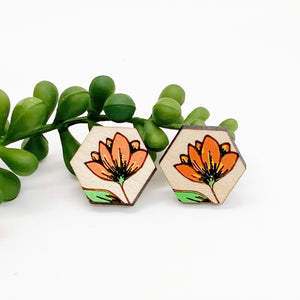 Hand Painted Orange Flower Hexagon Stud
