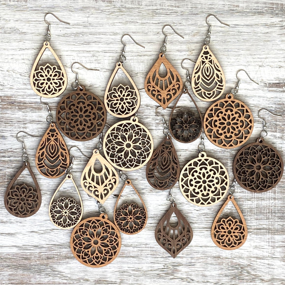 Mandala Drop Wood Earrings