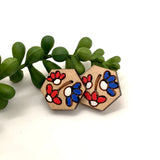 Hand Painted Red and Blue Flower Hexagon Stud