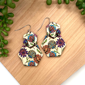 Hand Painted Multi Flower Hexagon Drops