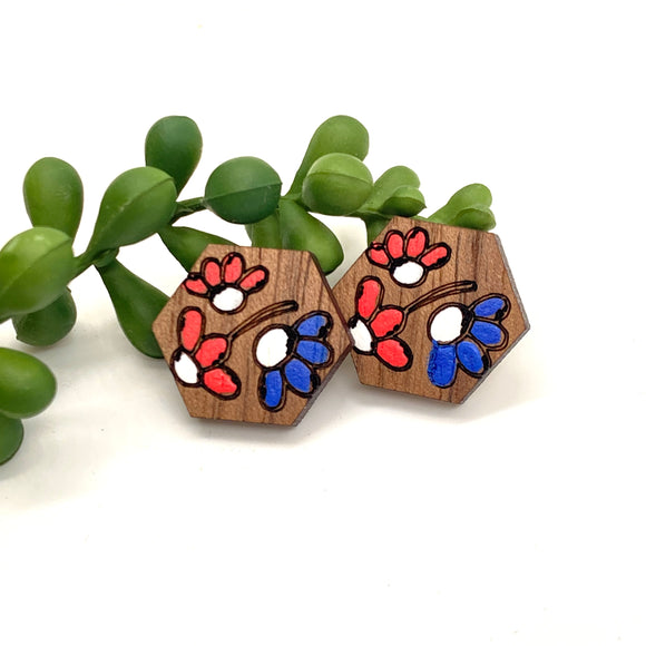 Hand Painted Red and Blue Flower Hexagon Stud
