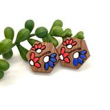 Hand Painted Red and Blue Flower Hexagon Stud