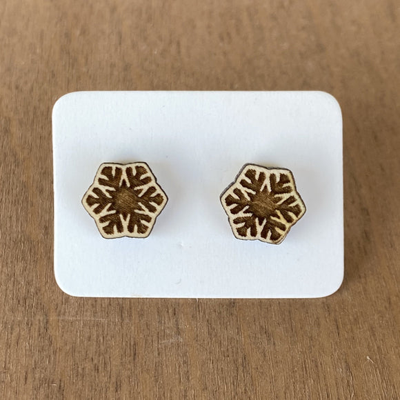 Engraved Wood Snowflake Studs