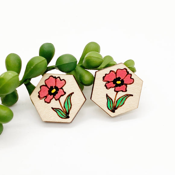 Hand Painted Red Poppy Hexagon Stud