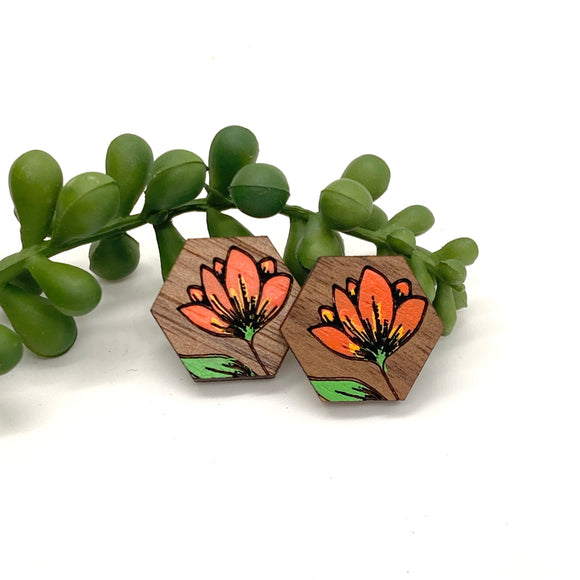 Hand Painted Orange Flower Hexagon Stud